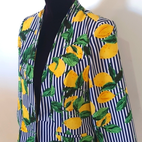 Roz & Ali Size XS (approx 8) Navy Blue and Yellow Striped Lemon Jacket - Picture 2 of 7